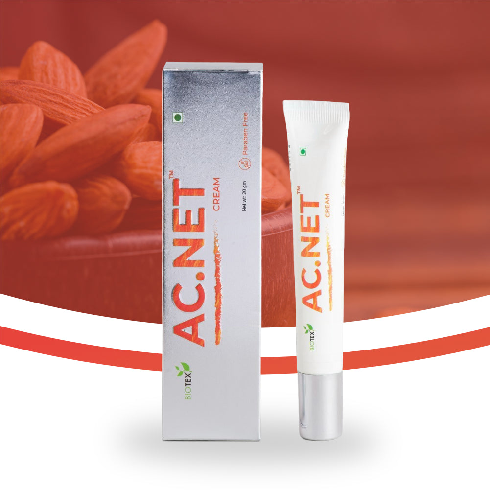 Biotex AC.NET Cream 20g tube and box with almonds, Curatio Health Malaysia