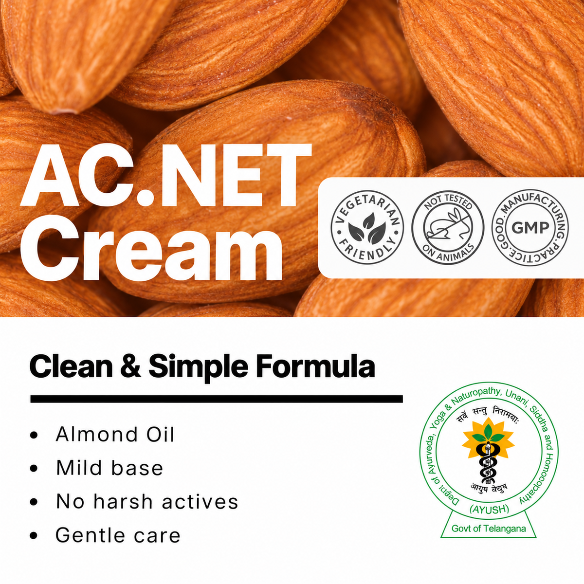 Biotex AC.NET Cream formula with almond oil, mild base, vegetarian and GMP marks, Curatio Health Malaysia