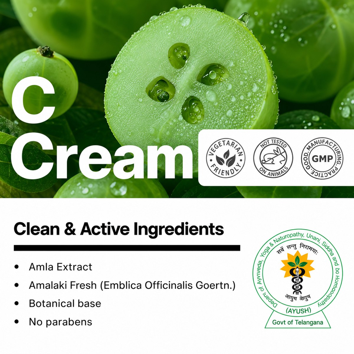 Biotex C-Cream ingredients with amla and vitamin C, vegetarian and GMP marks, Curatio Health Malaysia