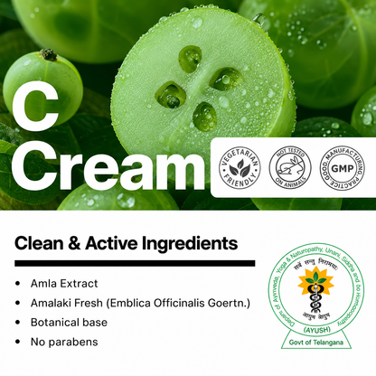 Biotex C-Cream ingredients with amla and vitamin C, vegetarian and GMP marks, Curatio Health Malaysia