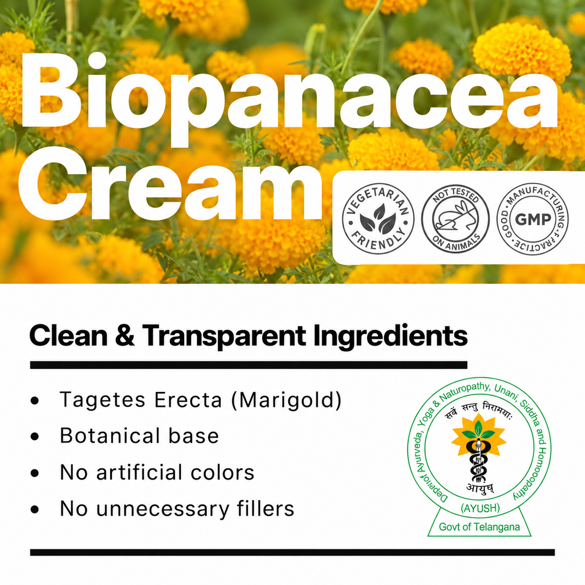 Biotex BIOPANACEA Cream ingredients with marigold extract, vegetarian and GMP marks, Curatio Health Malaysia