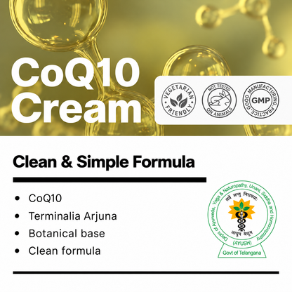 Biotex CoQ10 Cream ingredients with coenzyme Q10 and arjuna, vegetarian and GMP marks, Curatio Health Malaysia