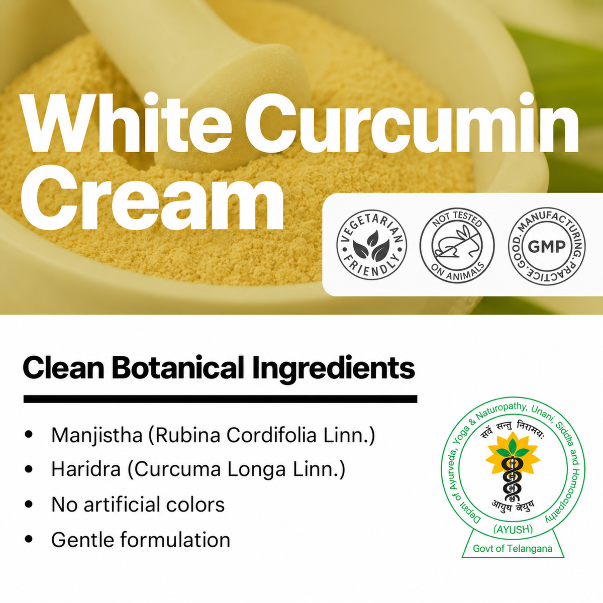 Biotex White Curcumin Cream ingredients with manjistha, vegetarian and GMP marks, Curatio Health Malaysia