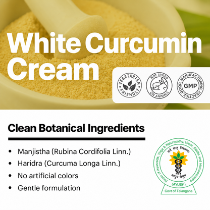 Biotex White Curcumin Cream ingredients with manjistha, vegetarian and GMP marks, Curatio Health Malaysia