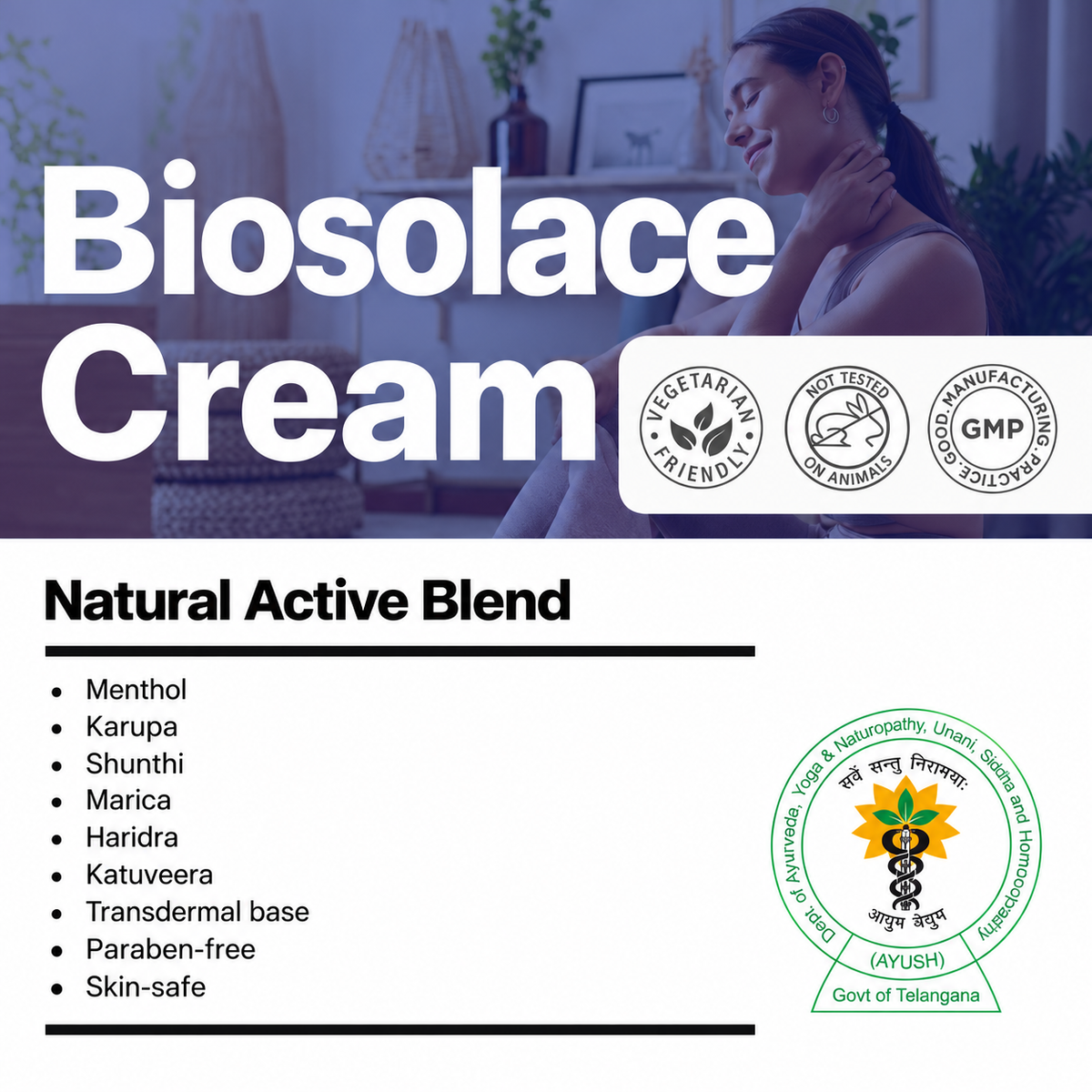 Biotex BIOSOLACE Cream ingredients with menthol and herbal extracts, vegetarian and GMP marks, Curatio Health Malaysia