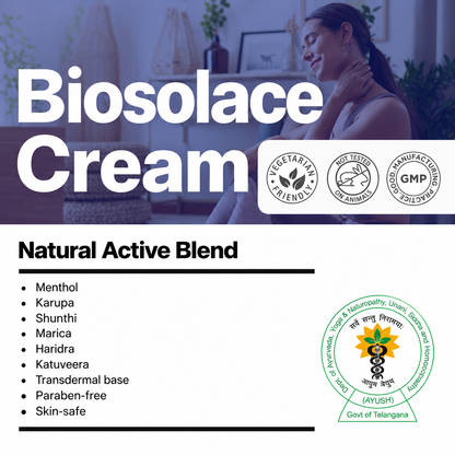 Biotex BIOSOLACE Cream ingredients with menthol and herbal extracts, vegetarian and GMP marks, Curatio Health Malaysia