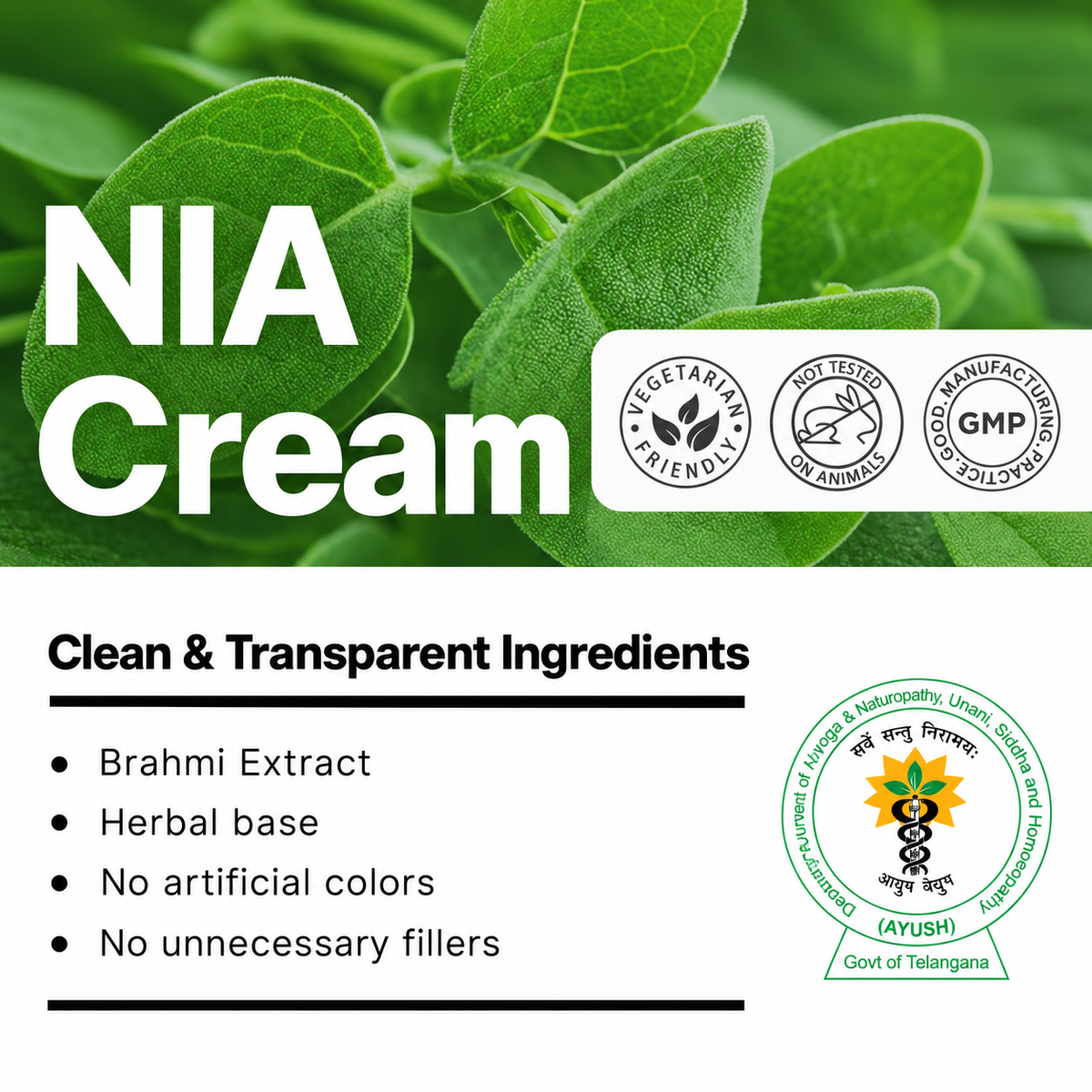 Biotex NIA Cream ingredients with brahmi, vegetarian and GMP marks, Curatio Health Malaysia