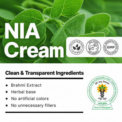 Biotex NIA Cream ingredients with brahmi, vegetarian and GMP marks, Curatio Health Malaysia