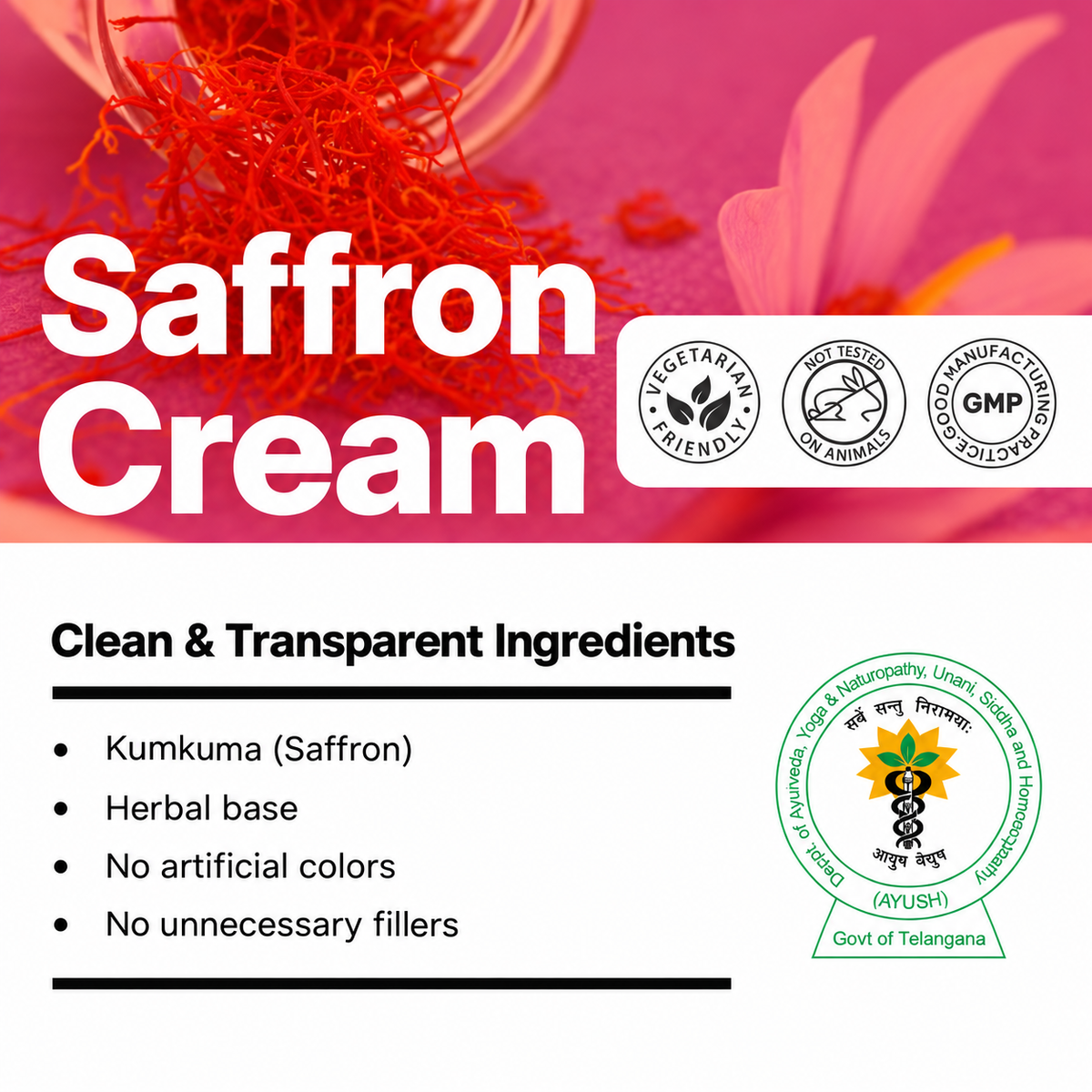 Biotex Saffron Cream ingredients with kumkum, vegetarian and GMP marks, Curatio Health Malaysia