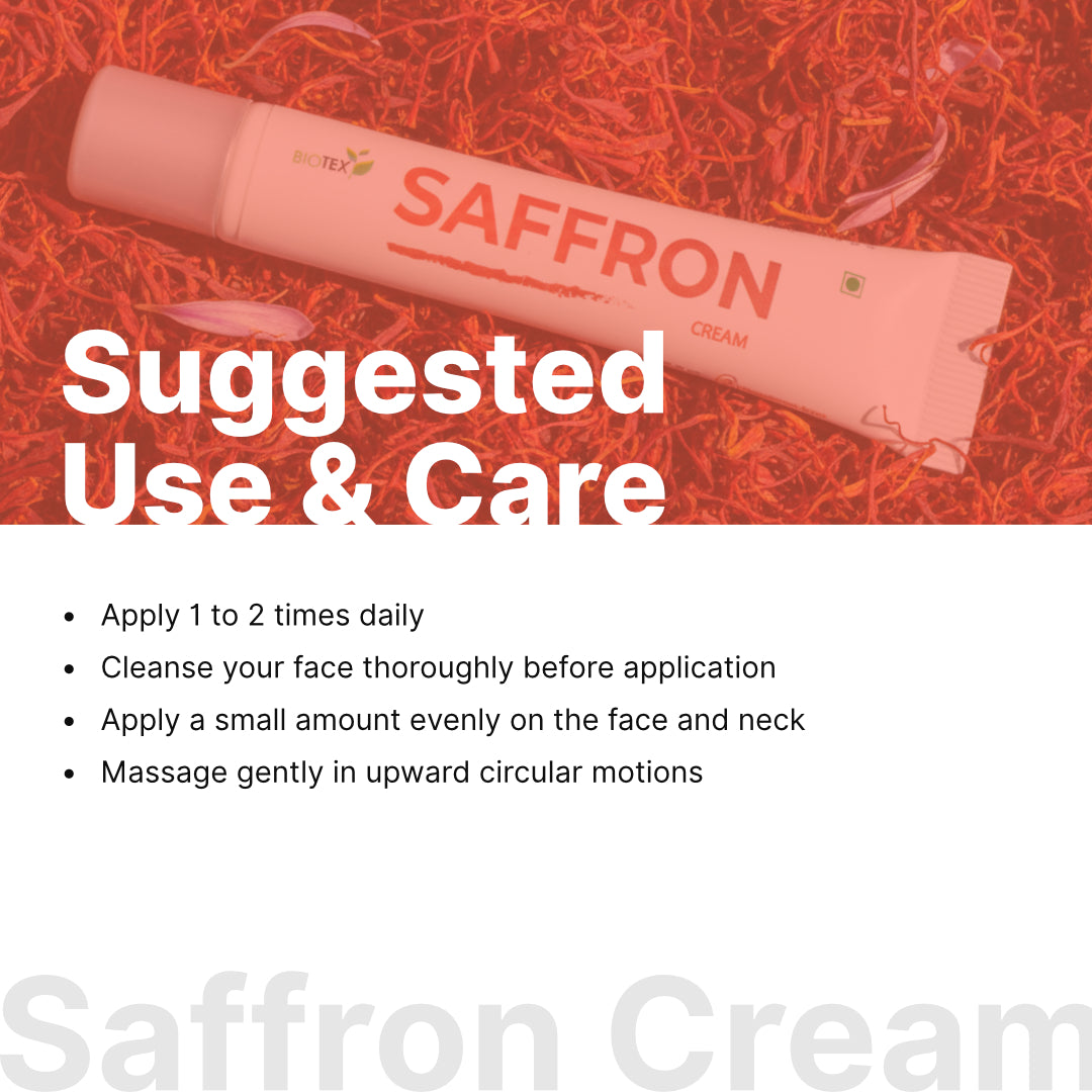 How to use Biotex Premium Saffron Cream: cleanse, apply to the face and neck, and massage 1 to 2 times daily, Curatio Health Malaysia