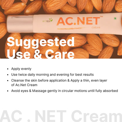 How to use Biotex AC.NET Cream: cleanse, apply twice daily, avoid the eyes, Curatio Health Malaysia