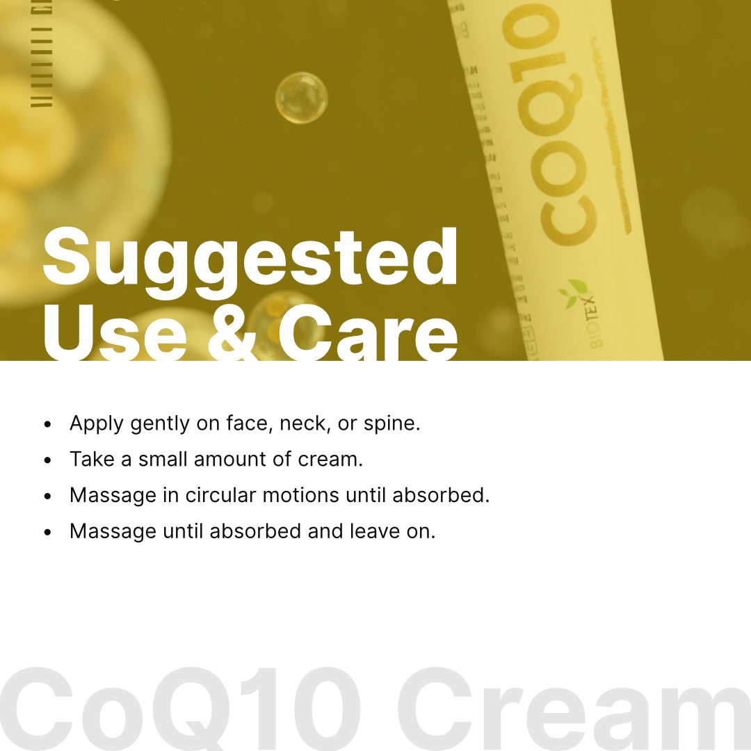 How to use Biotex CoQ10 Cream: cleanse, then apply a small amount 1 to 2 times daily, Curatio Health Malaysia