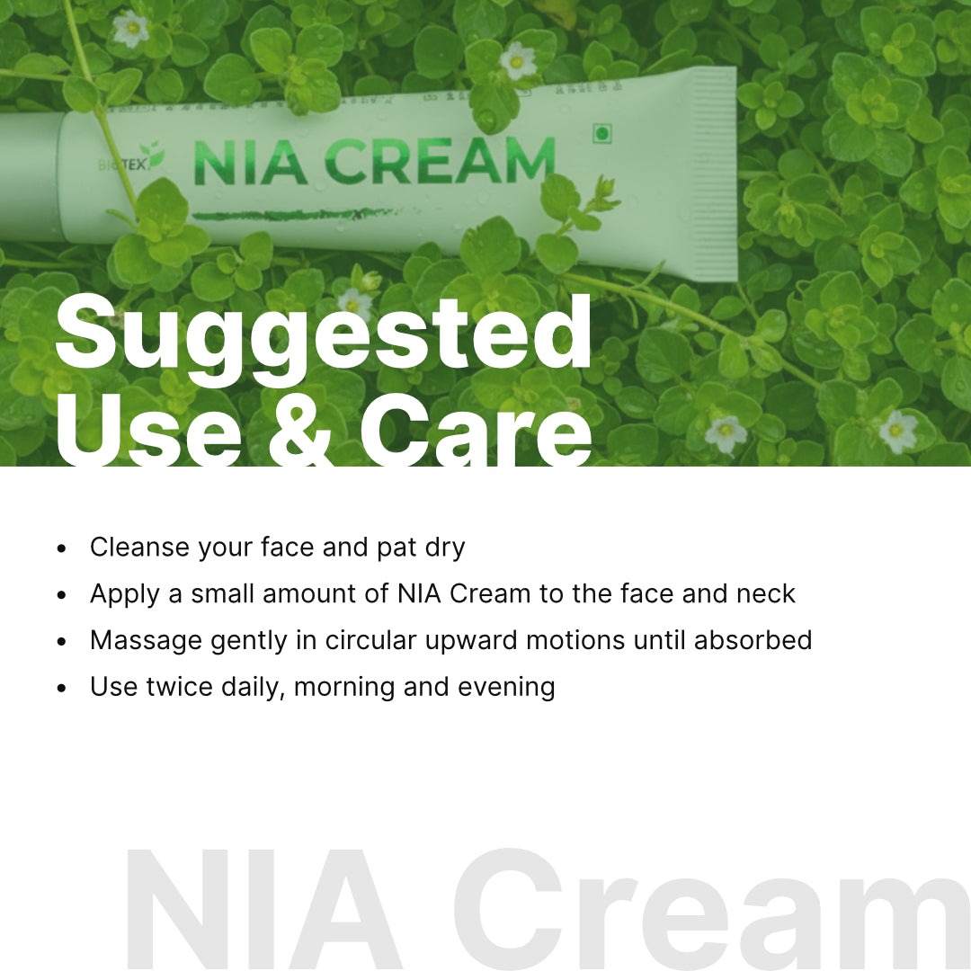 How to use Biotex NIA Cream: cleanse, apply to the face and neck, and massage twice daily, Curatio Health Malaysia
