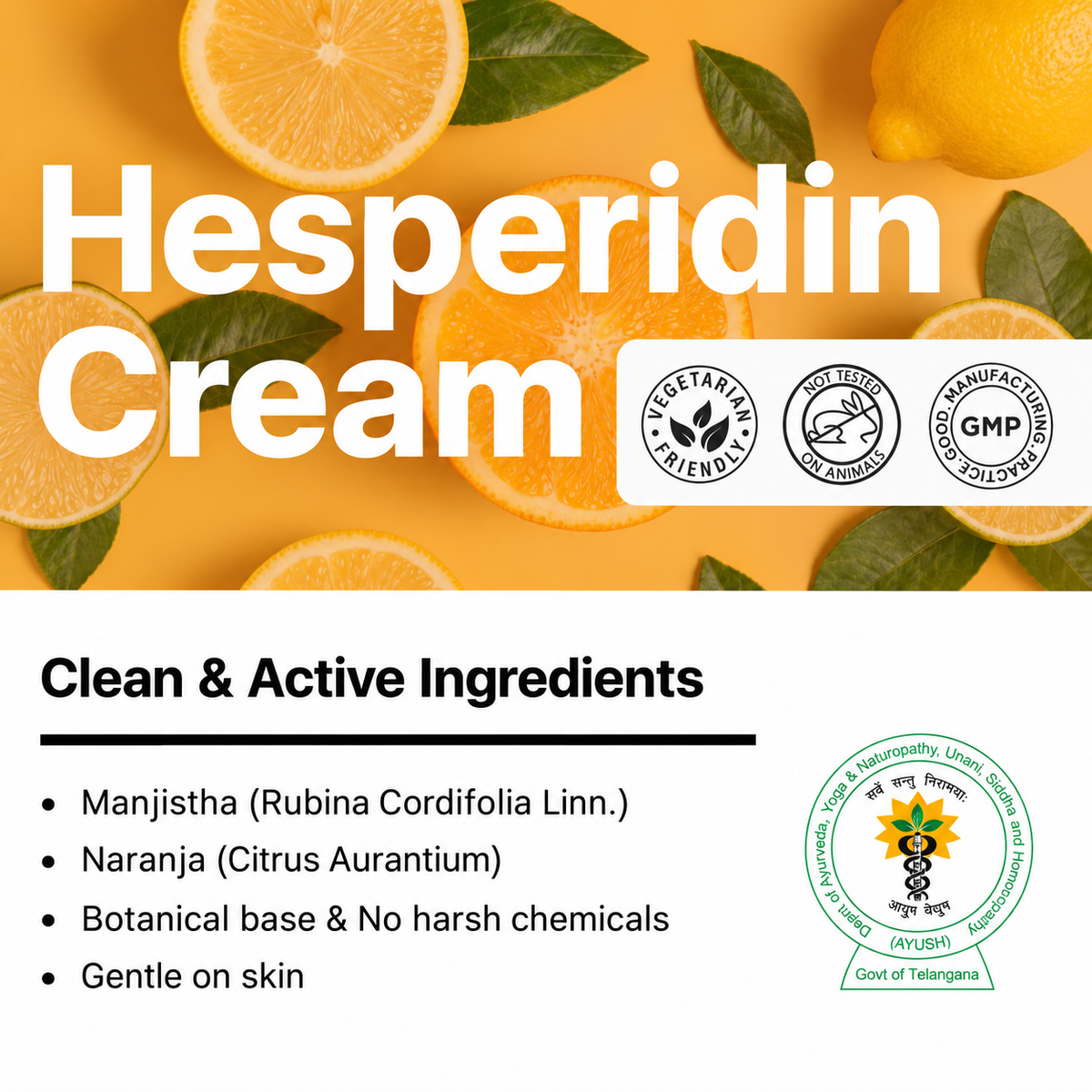 Biotex HESPERIDIN Cream ingredients with manjistha and naranga, vegetarian and GMP marks, Curatio Health Malaysia