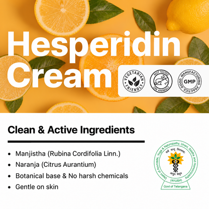 Biotex HESPERIDIN Cream ingredients with manjistha and naranga, vegetarian and GMP marks, Curatio Health Malaysia